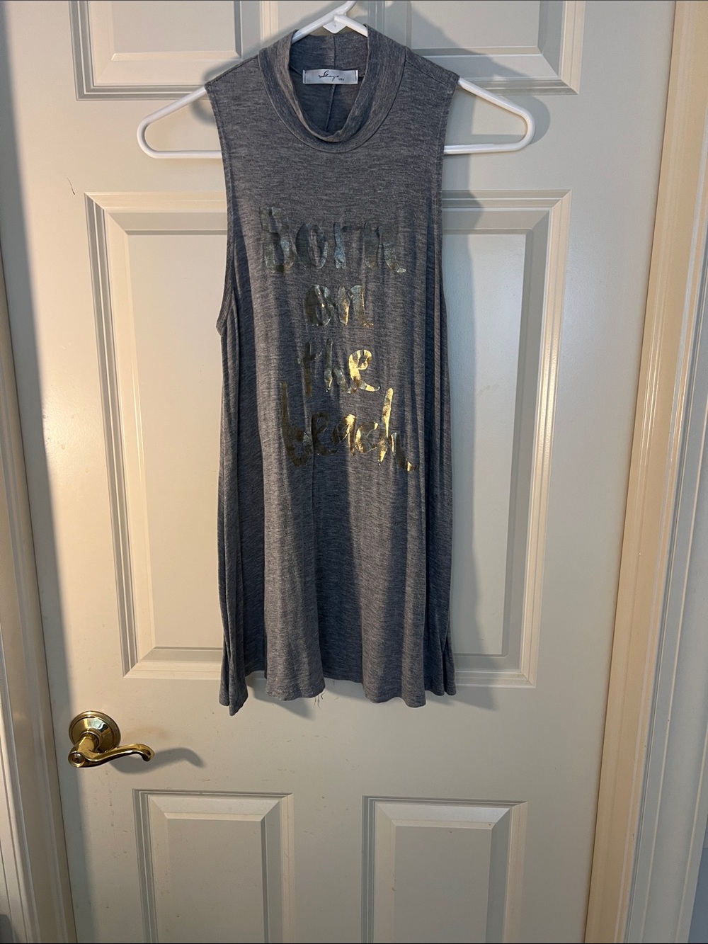Sage Gray Sleeveless Mock Neck Tank with Gold Script
